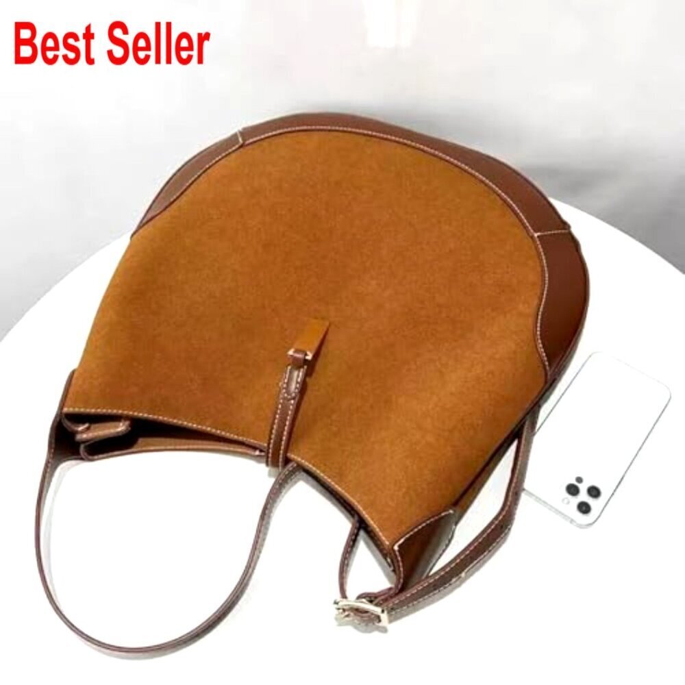 Suede & Split Leather Hobo Shoulder Bag Large Capacity Magnetic Closure - Picture 5 of 7